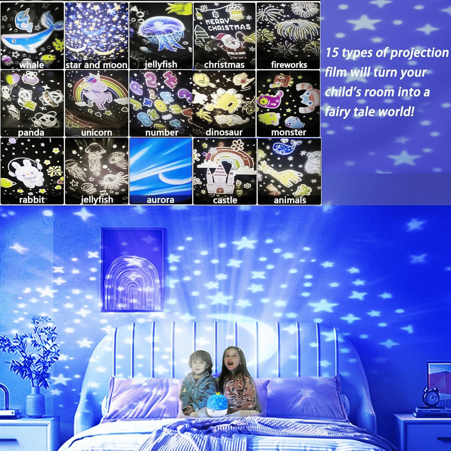 💜Projecteur Magique nocturne pour enfants avec 15 jeux de diapositives